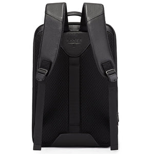 Black backpack back view with padded shoulder straps and central adjustable strap