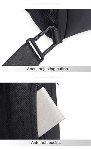 Black strap adjustment buckle and anti-theft pocket on textured back panel.