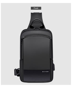 Black compact crossbody bag front view with curved zipper pocket and top handle.