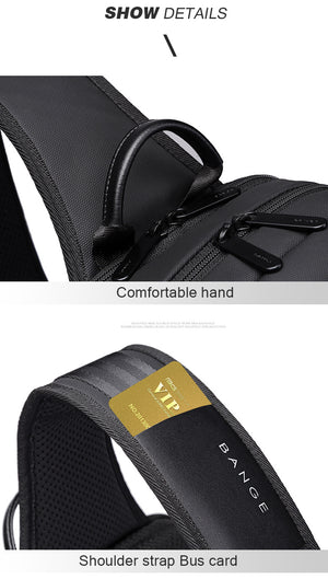 Black padded handle loop and shoulder strap with logo webbing and bus card pocket area.