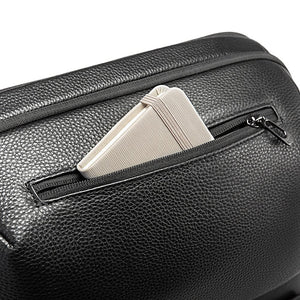 Black textured laptop backpack front zip pocket with elastic card slot