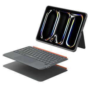 Gray Bluetooth keyboard case with detachable keyboard, stand angled for viewing
