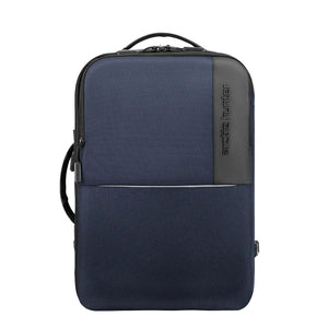 Navy blue waterproof travel backpack with top handle and front zippered compartment