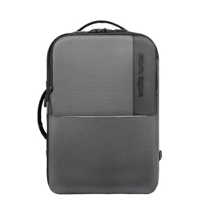 Grey waterproof travel backpack with top handle and front zippered compartment