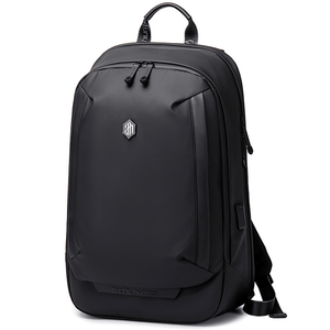 Black large-capacity travel backpack with top handle, front logo, and shoulder strap