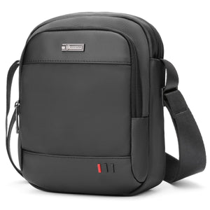 Black compact waterproof messenger bag with front panel seams, logo, and side zipper