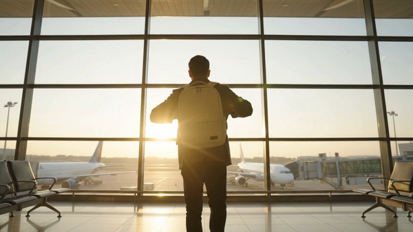 A person standing with their back to the camera in an airport terminal, wearing a white backpack and looking out large windows at sunset. Airplanes and airport seating are visible outside.
