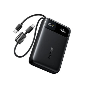 Black power bank with digital display and USB cable on a white background