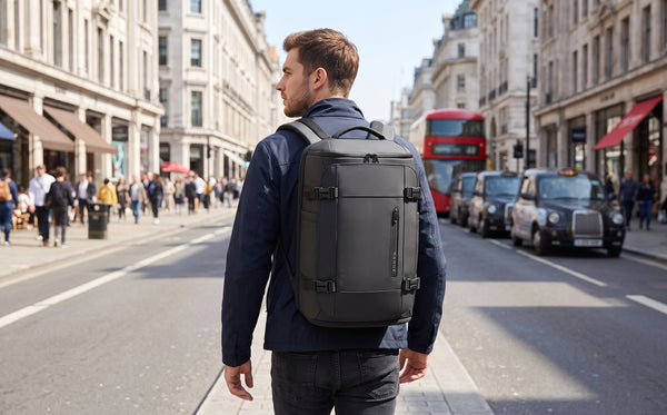 A man wearing a dark grey BANGE backpack walks down a busy city street with London-style buildings, pedestrians, and red double-decker buses in the background.