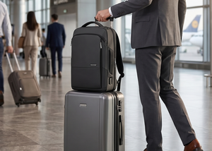 Man in a suit with luggage at an airport terminal