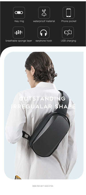 Black sling bag back view with key pocket, earphone hook, and USB charging