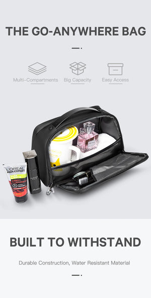 Black waterproof toiletry bag opened to show compartments and zip closure