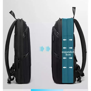 Expandable waterproof business backpack, black with expanded panel view