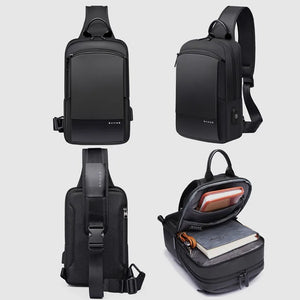 Black crossbody bag shown from front, back, side, and interior pocket angles.