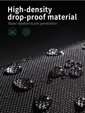 Black crossbody bag fabric close-up with water-repellent woven texture
