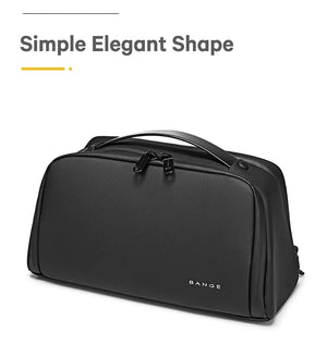 Black toiletry bag with curved handle, double front panels, and textured surface