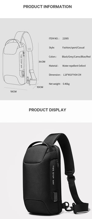 Waterproof crossbody bag with USB charging port, adjustable strap, black