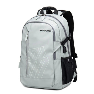 Light gray waterproof travel backpack with front zip pockets and adjustable shoulder straps