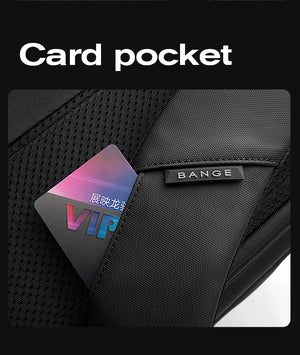 Black backpack card pocket on textured front panel