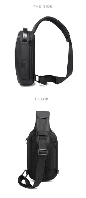 Black compact crossbody sling bag with adjustable strap and side zipper pocket