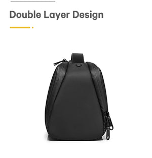 Black toiletry bag with double-layer design and side zipper access
