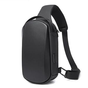 Black compact crossbody sling bag with adjustable strap and front zipper pocket