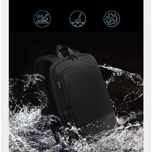 Expandable waterproof business backpack, black, front zipper pocket with adjustable straps