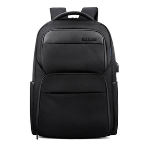 Black large travel backpack with padded front panel, top handle, and side pockets