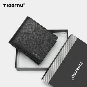 Black genuine leather compact card holder wallet in gift box, embossed Tigernu logo.