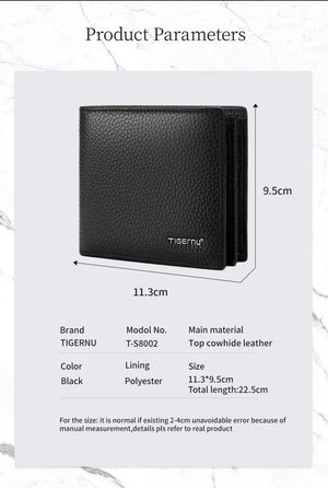 Black leather compact wallet with dimensions shown in a product diagram.