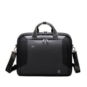 Protective waterproof laptop bag, black with front panel, twin zippers, and side pockets