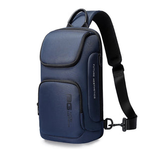 Compact waterproof crossbody bag, blue with front pocket and adjustable strap