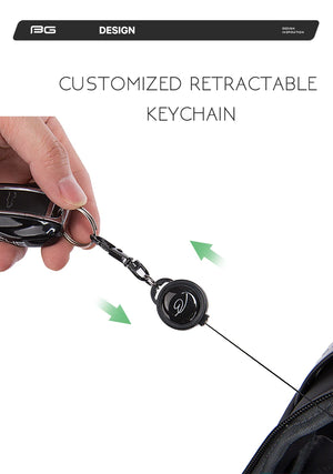 Retractable keychain feature with chain and keyring attached to the bag