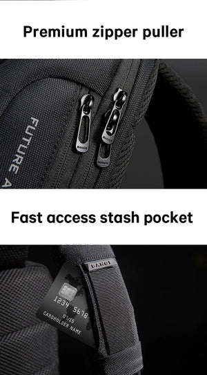 Black compact crossbody bag close-up of zipper pulls and front stash pocket