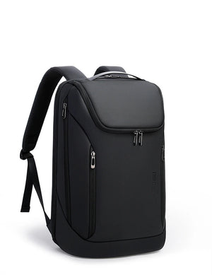 Black waterproof travel backpack with top handle, side zippers, and front pocket