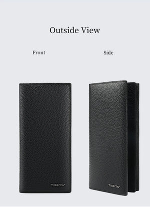 Black leather long wallet—front and side views with embossed logo