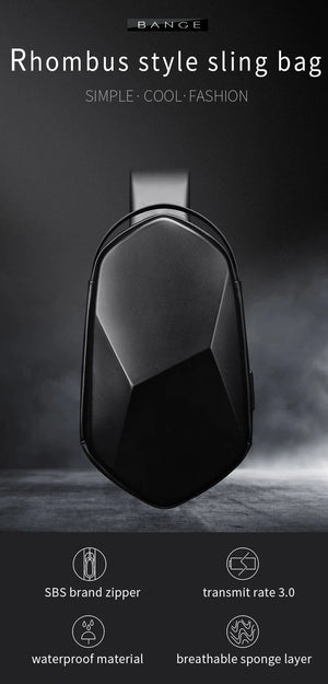 Black rhombus-style sling bag with smooth curved body and adjustable strap