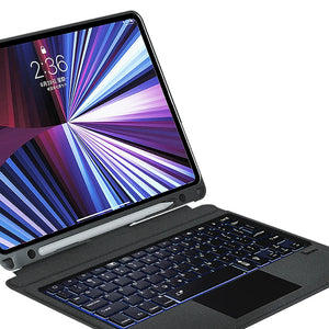 WiWU Bluetooth keyboard case, tablet on stand with dark keyboard and trackpad