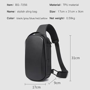 Black compact crossbody sling bag, 17 x 31 x 9 cm, front zip pocket