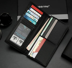 Black leather long wallet open with card slots and transparent ID windows
