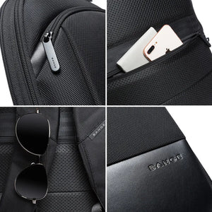 Expandable waterproof business backpack, black textured fabric, zipper details and card pocket