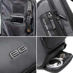 Close-up of black crossbody sling bag showing zippers, label patch, and USB cable pocket