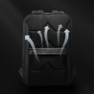 Black expandable backpack with volume-adjust graphic and front zipper panel