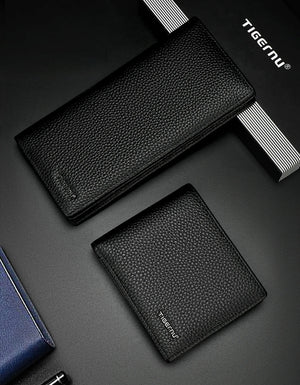 Black genuine leather card holder wallet shown folded and flat, textured finish.