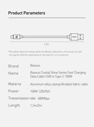 BASEUS Crystal Shine Series 100W USB-C to USB-A Fast Charging Cable