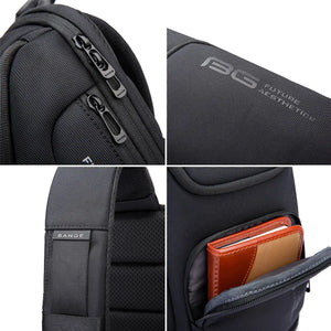 Black crossbody bag with multiple zippers and interior card pocket with orange lining