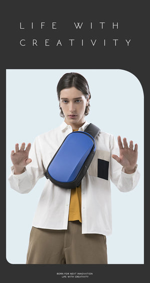 Compact crossbody sling bag with adjustable strap, blue front panel, water-resistant look
