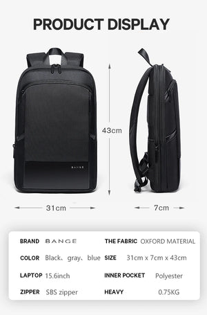 Black business backpack with front zipper pocket, top handle, and adjustable side straps