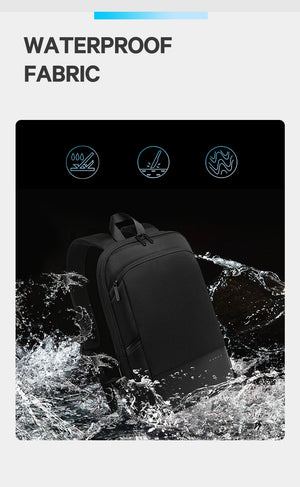 Black waterproof business backpack with front zip compartment and splash water graphic