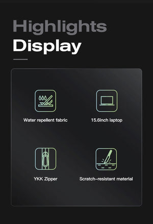 Black travel backpack highlights: water-repellent fabric, YKK zipper, scratch-resistant material.